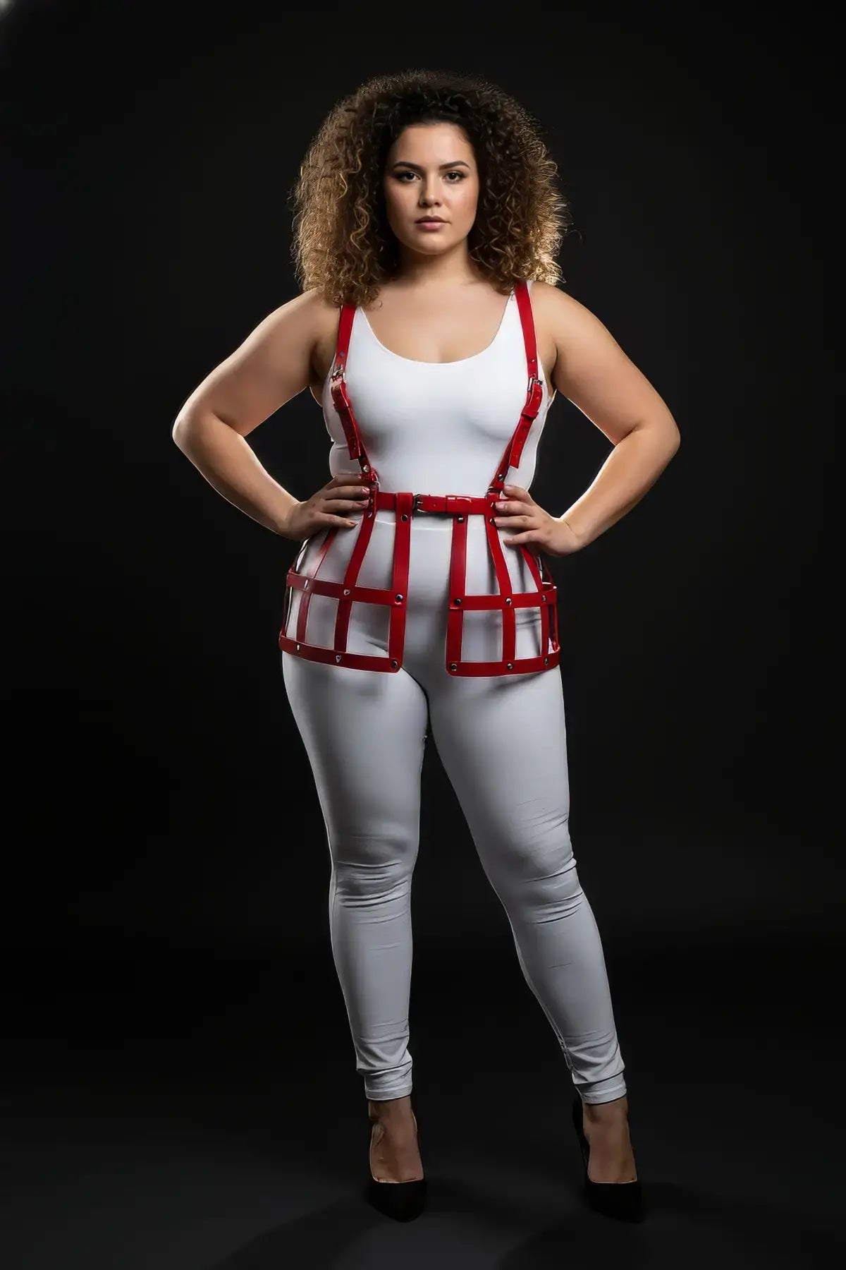 Plus Size Red Grid Cage Waist Cincher vegan leather body harness worn over white bodysuit