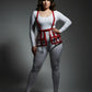 Plus size red grid cage waist cincher body harness in vegan leather with adjustable straps and buckles