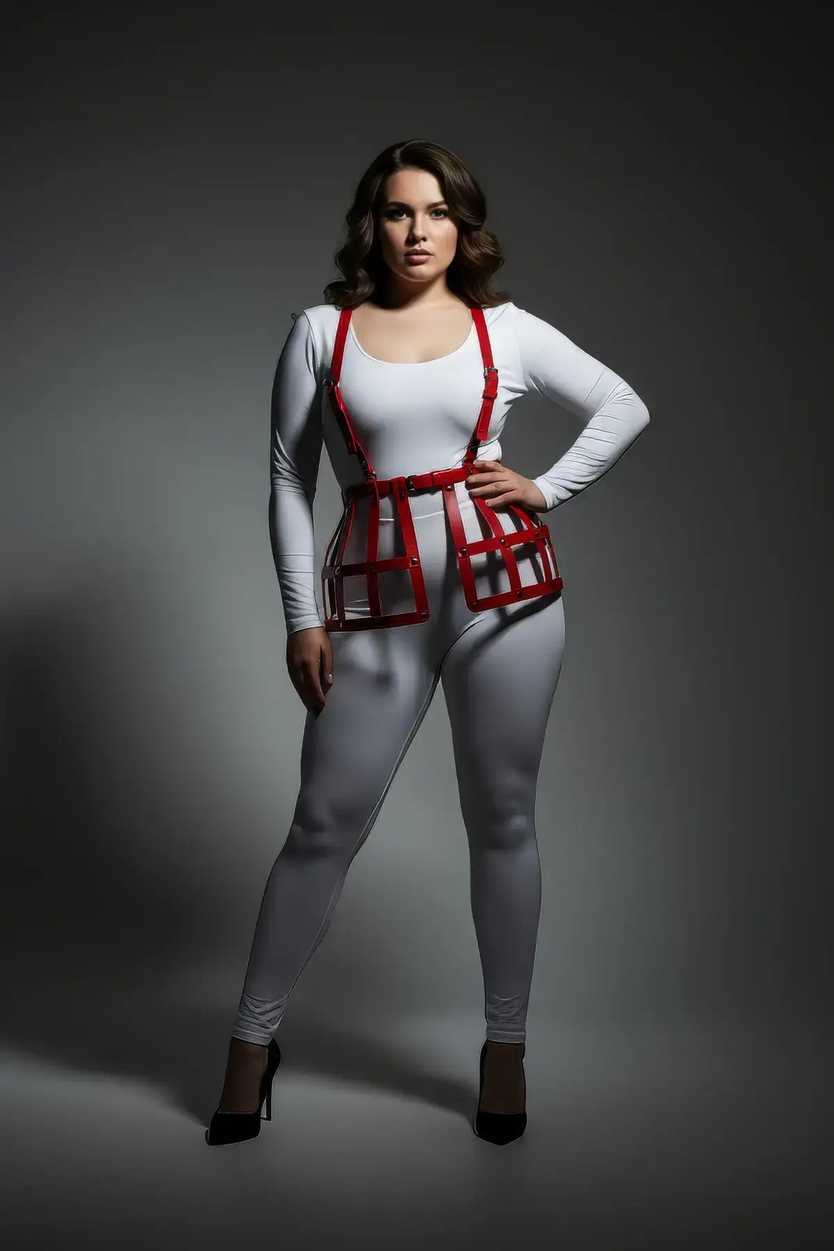 Plus size red grid cage waist cincher body harness in vegan leather with adjustable straps and buckles
