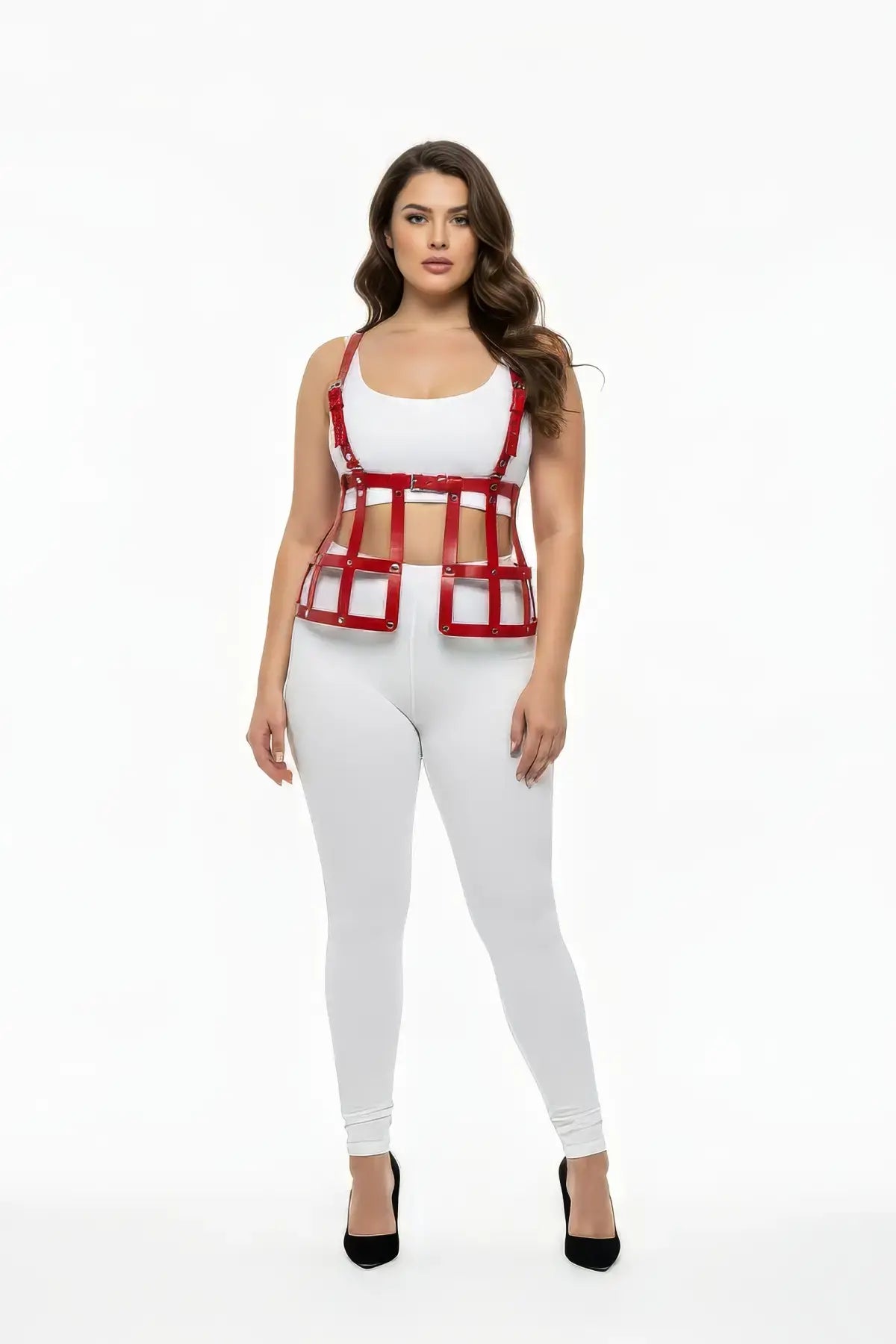 Plus Size Red Grid Cage Waist Cincher by HarnessClub; vegan leather body harness.
