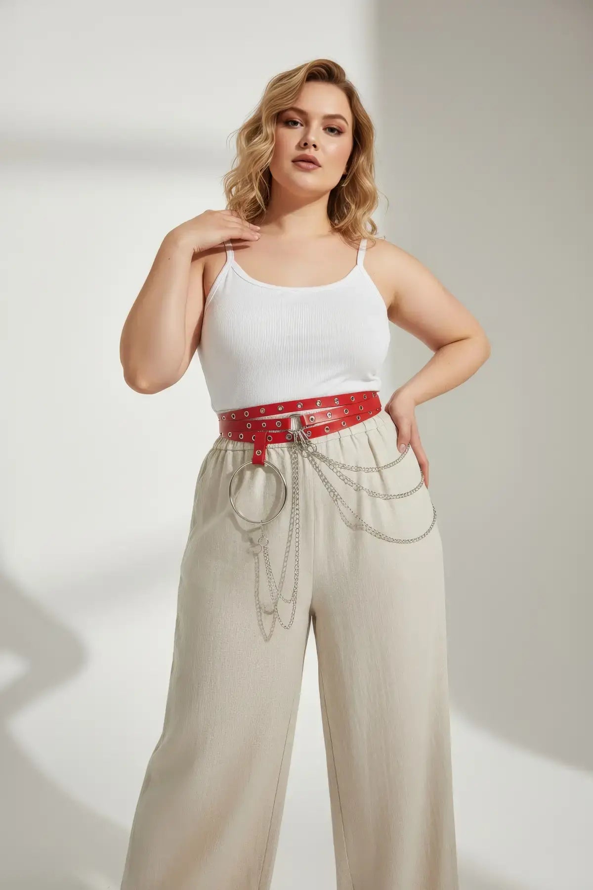 Plus Size Red Vegan Leather Grommet Belt with O-Ring and Chain Detail by HarnessClub