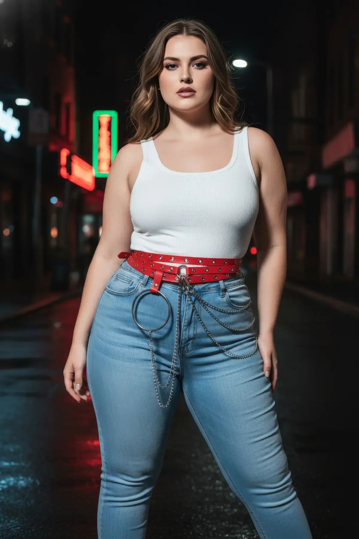 HarnessClub plus-size red vegan leather belt with silver eyelets, O-ring and chain detail worn over jeans.