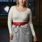Plus-size red vegan leather grommet belt with O-ring and chain detail, by HarnessClub