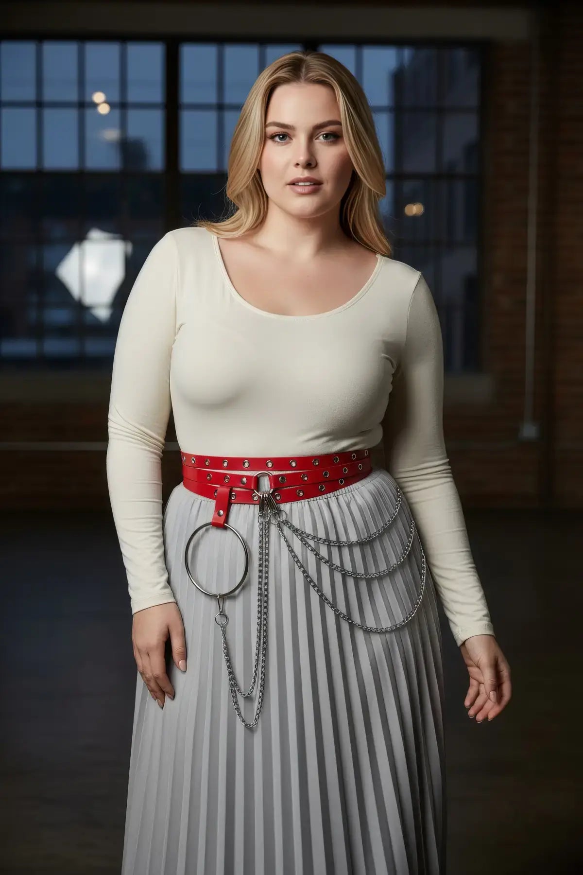 Plus-size red vegan leather grommet belt with O-ring and chain detail, by HarnessClub