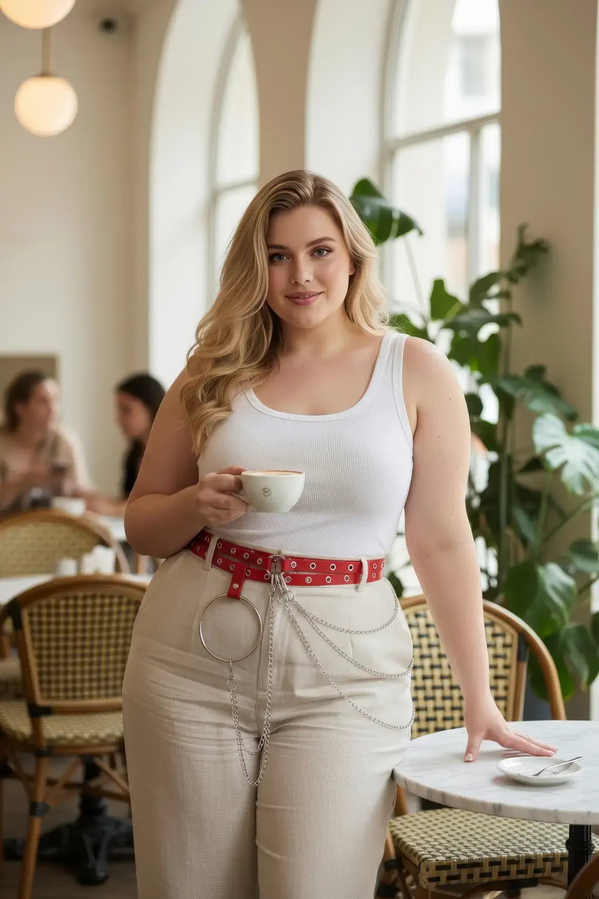 Plus Size Red Grommet Belt with O-Ring and Chain, vegan leather by HarnessClub