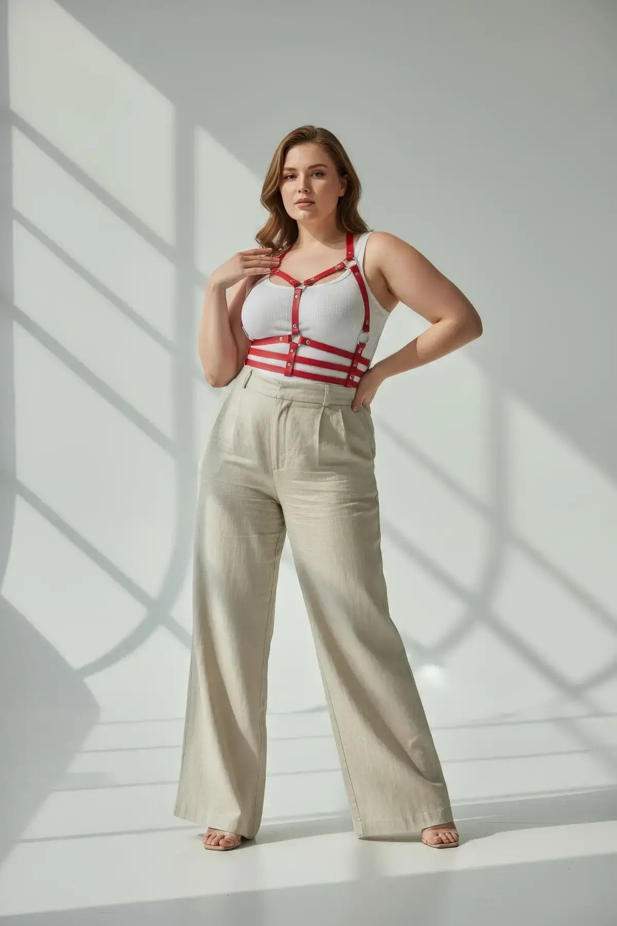Plus-size red vegan-leather halter chest harness with ribcage bands