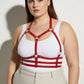 Plus-size red halter chest harness with ribcage cage bands in vegan leather