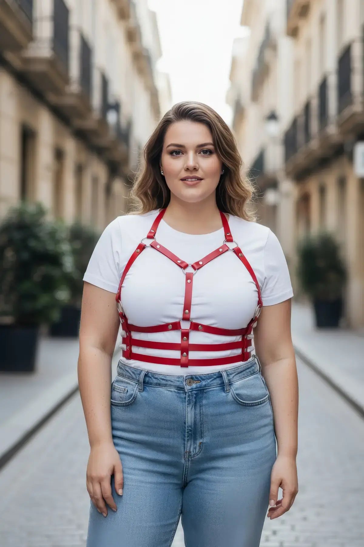 Plus size red vegan leather chest harness with halter and ribcage bands
