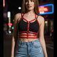 Plus Size Red Halter V-Cross Multi-Band Body Harness V2, vegan leather straps