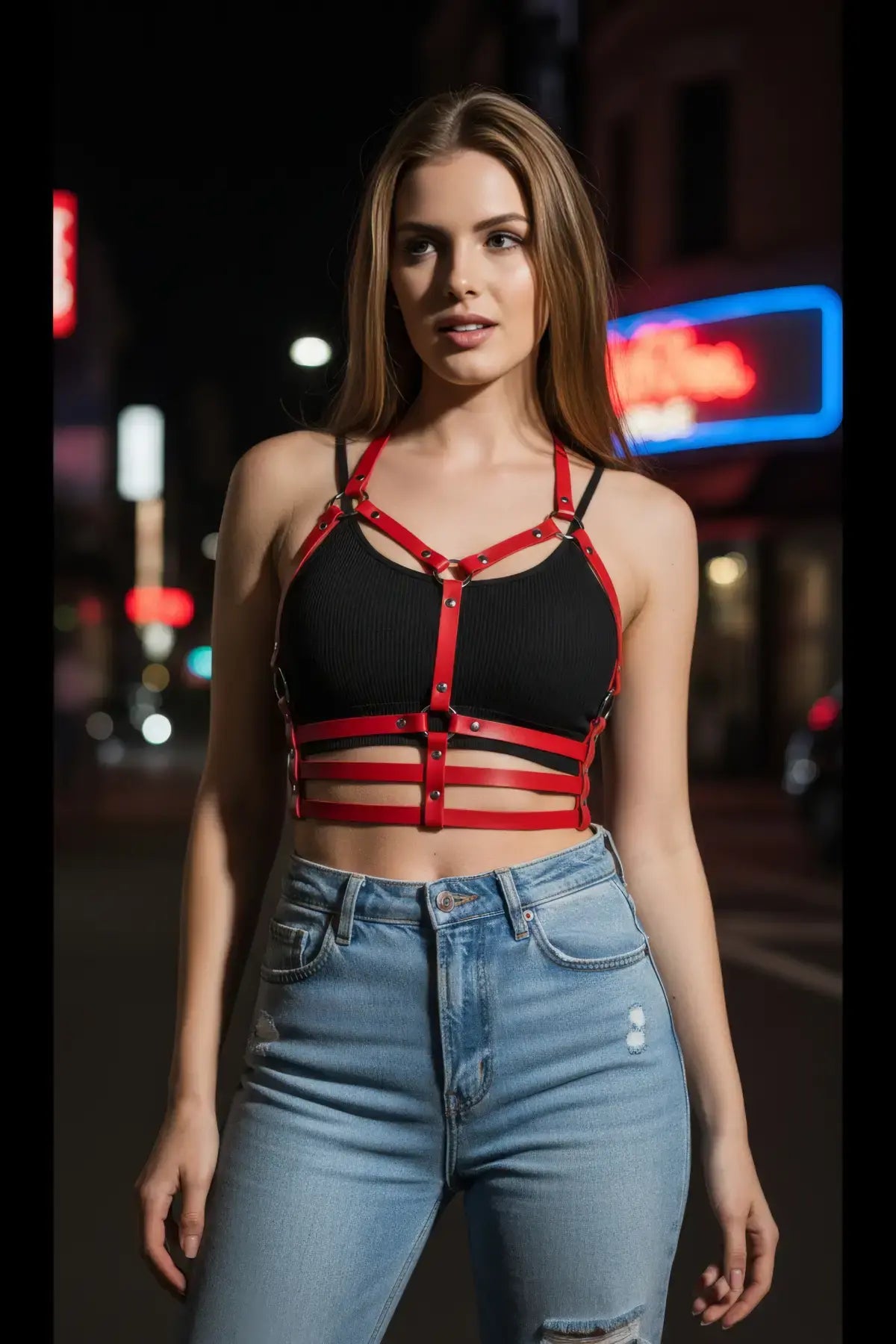 Plus Size Red Halter V-Cross Multi-Band Body Harness V2, vegan leather straps