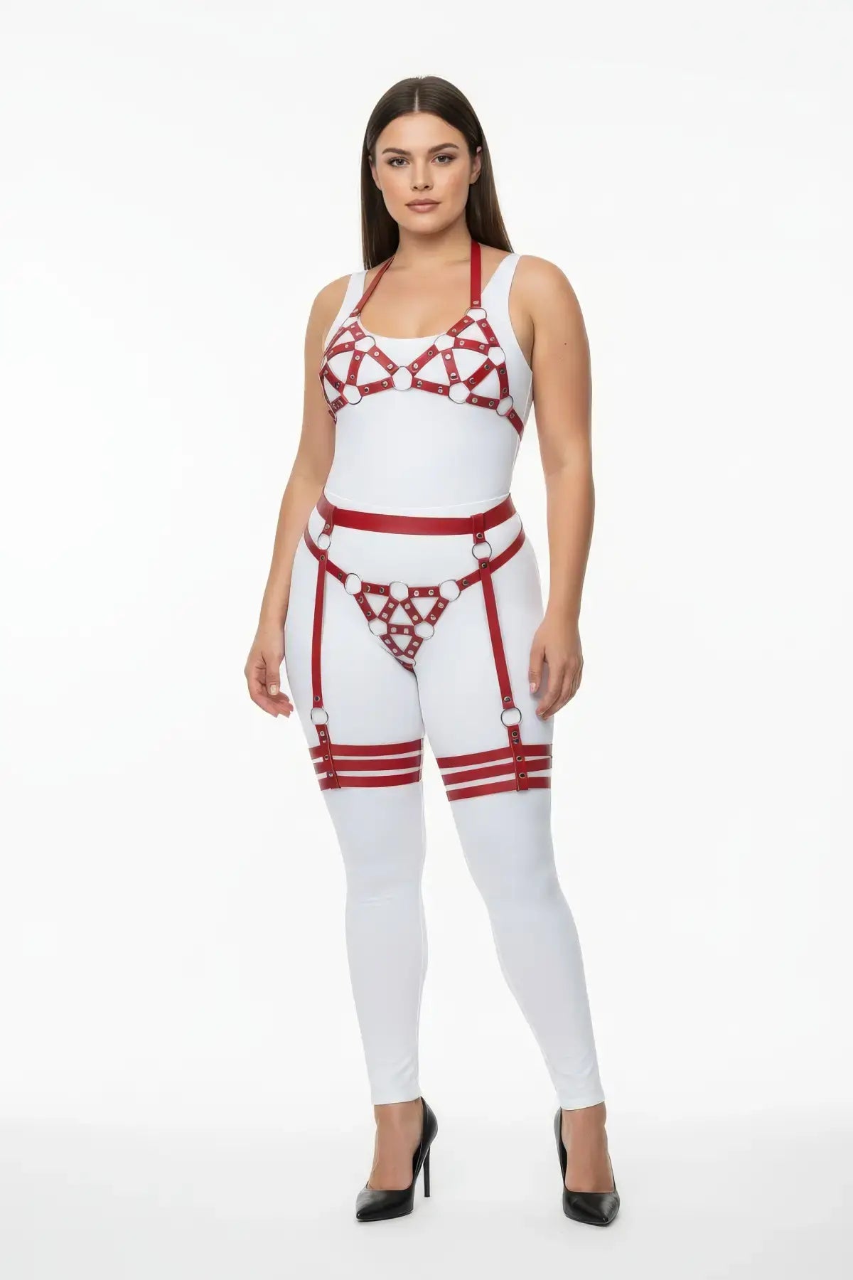 Plus-size red vegan leather halterneck cage top and thigh harness set by HarnessClub