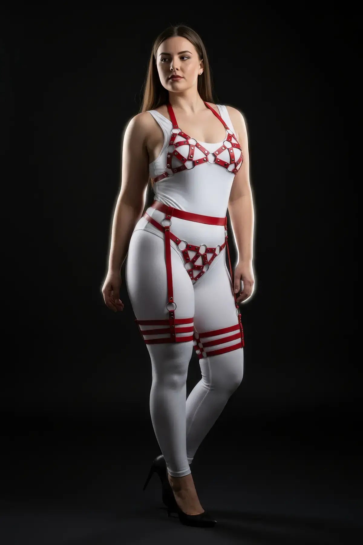 Plus-Size Red Halterneck Cage & Multi-Band Thigh Harness Set in vegan leather worn by model.