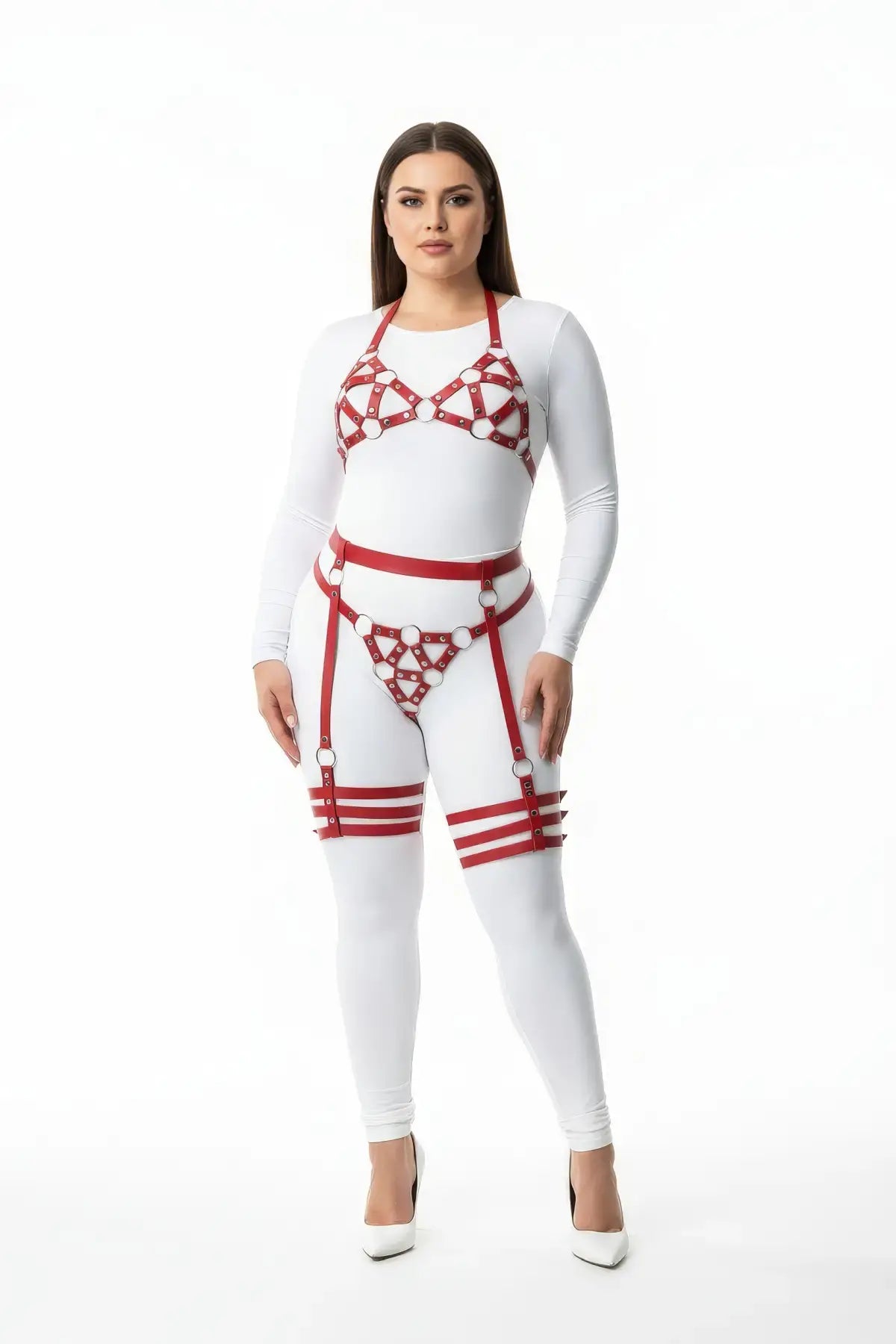 Plus-size red vegan-leather halterneck cage bra and thigh harness set by HarnessClub