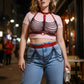 Plus size red harness with black chain bib, vegan leather accents, by HarnessClub
