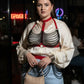 Plus Size red vegan leather harness with a black chain bib for bold statement wear