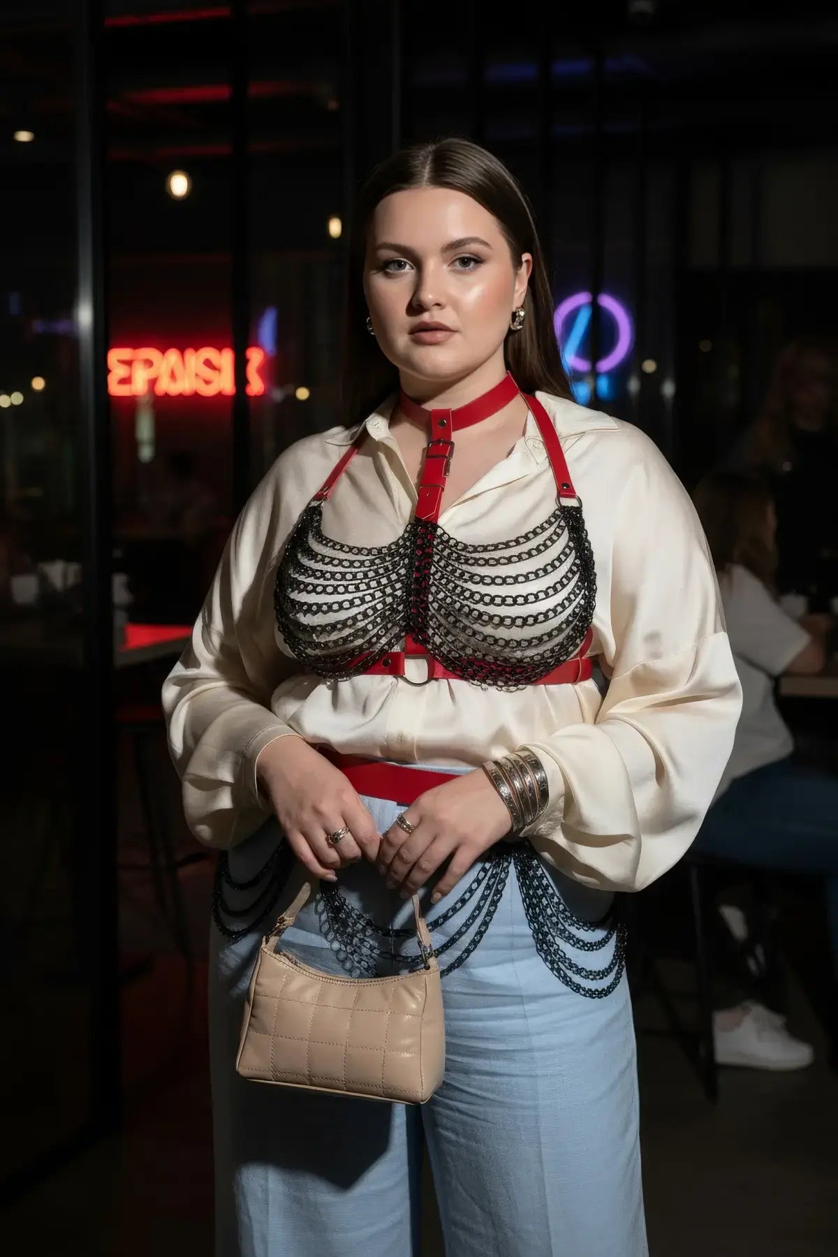 Plus Size red vegan leather harness with a black chain bib for bold statement wear