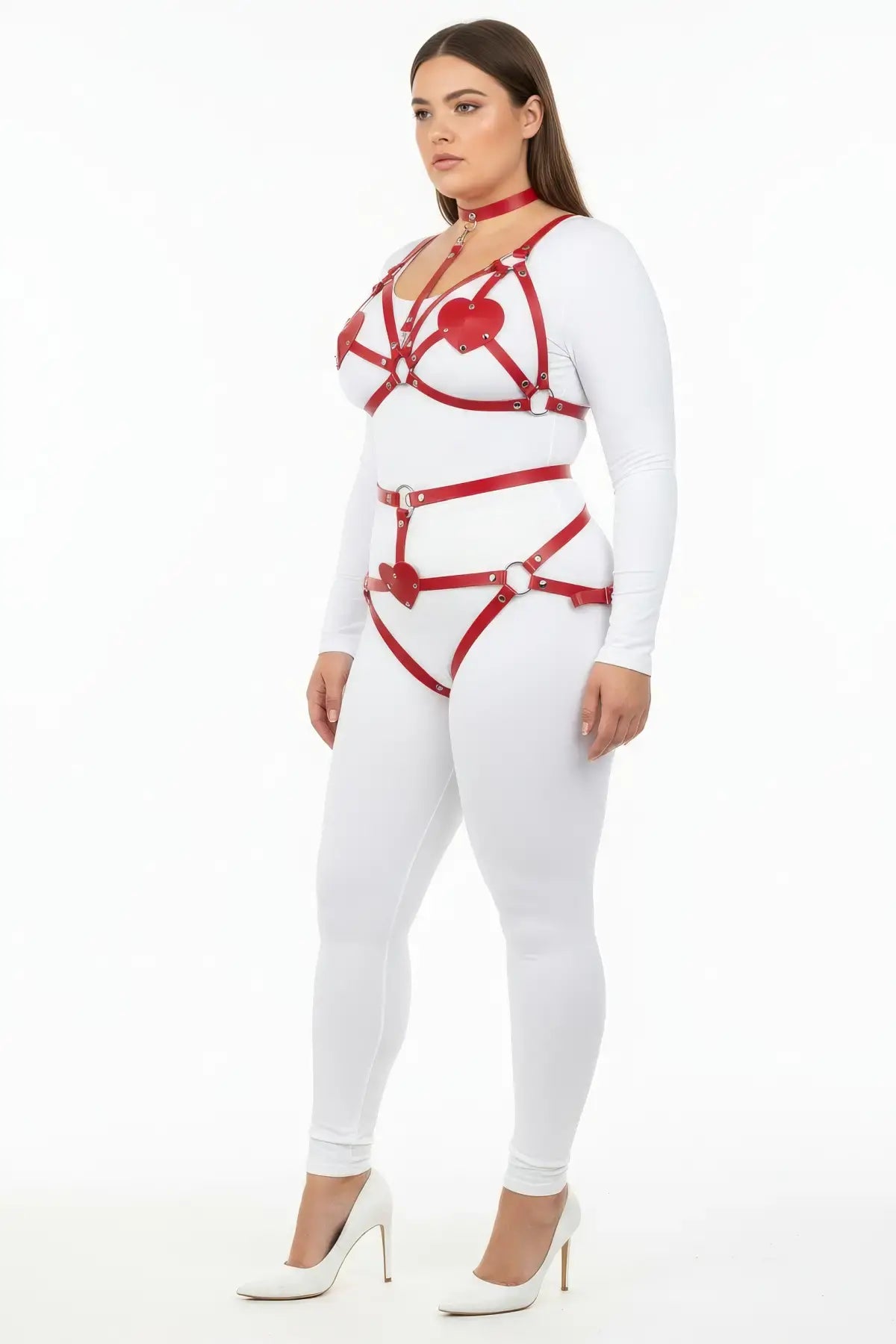 Plus Size Red Heart-Detail Full Body Harness Set by HarnessClub, vegan leather three-piece body accessory worn on model.