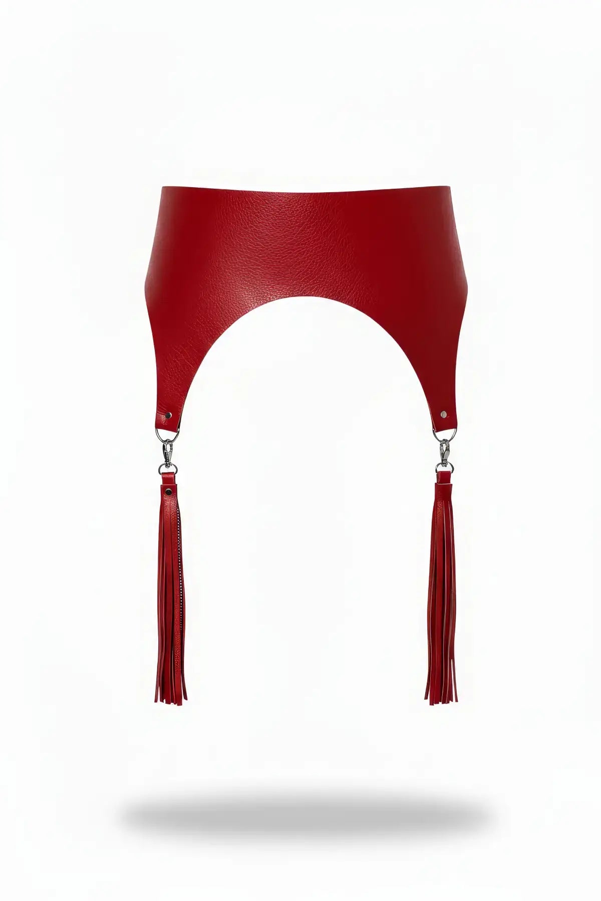 Plus-size red vegan leather high-waist tassel hip belt with tassel ends.