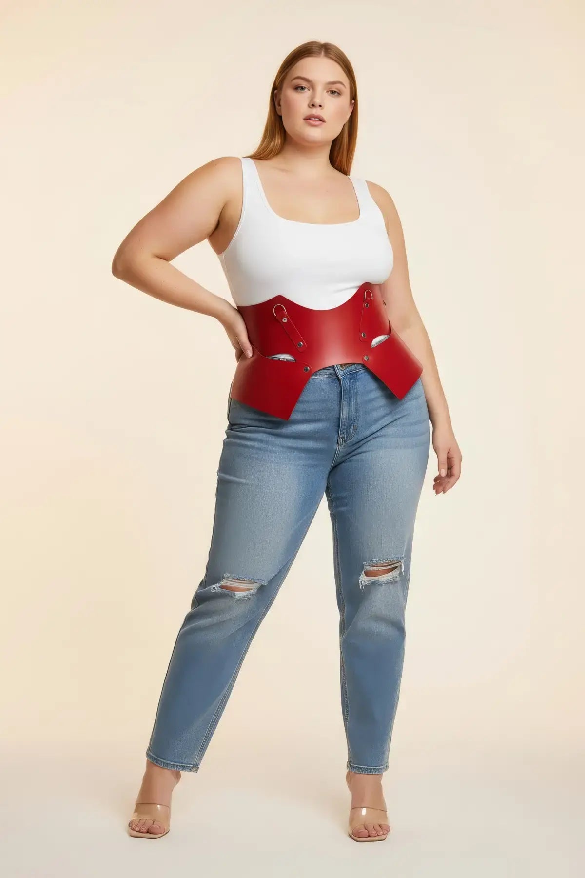 Plus Size Red Lace-Up Corset Belt, vegan leather waist harness worn over a white top