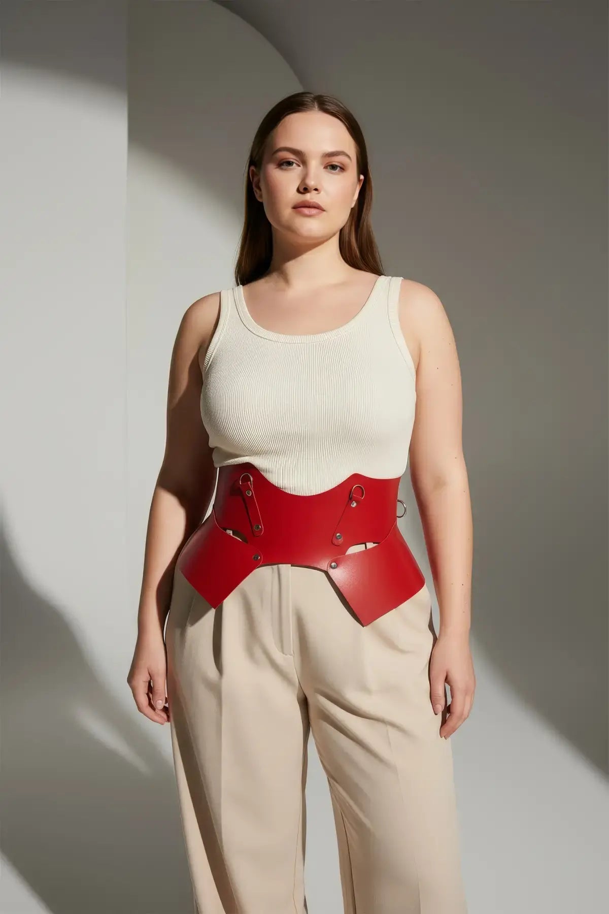 Plus Size Red Lace-Up Corset Belt by HarnessClub, vegan leather structured waist harness.