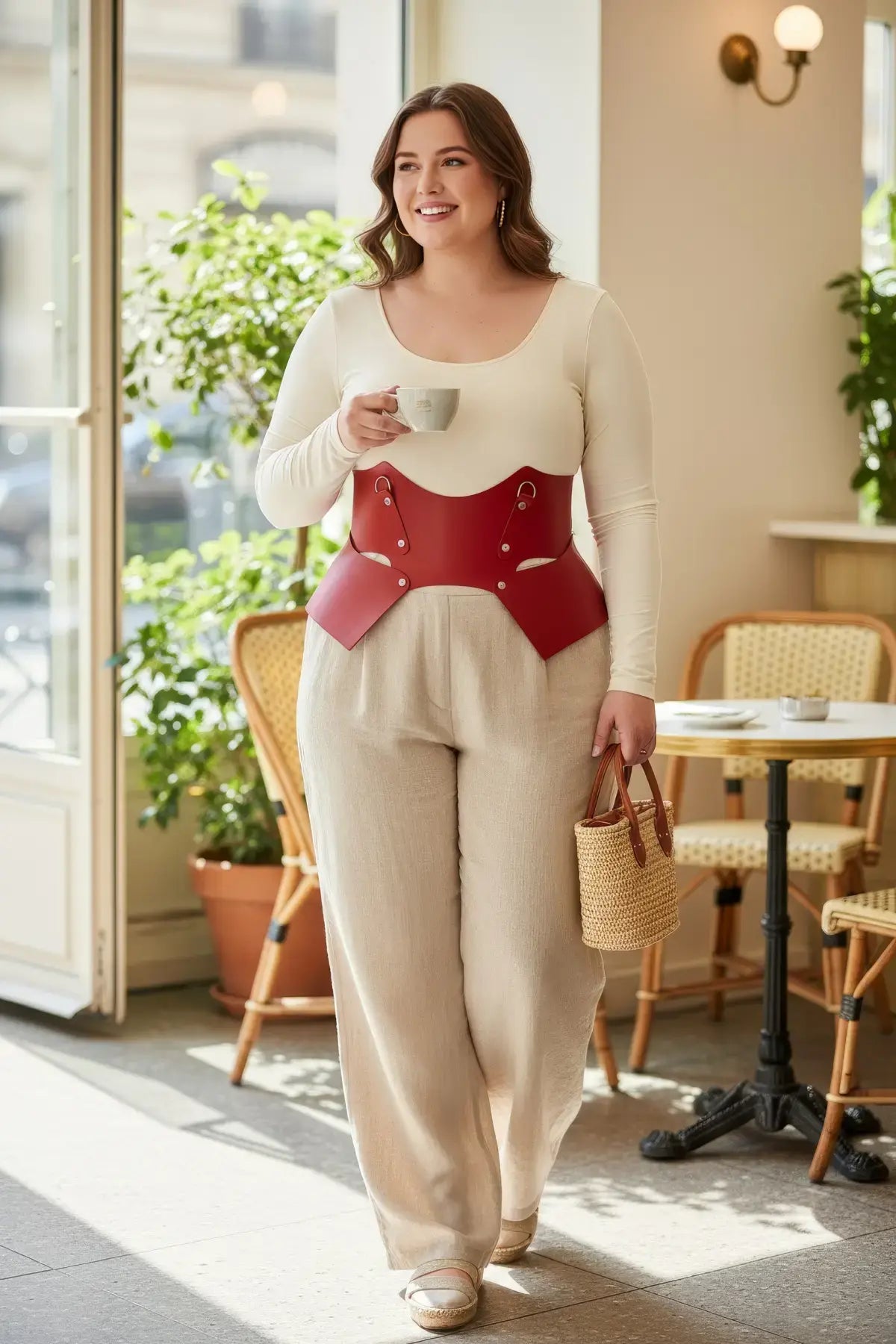 Plus Size Red Lace-Up Corset Belt by HarnessClub, vegan leather waist harness