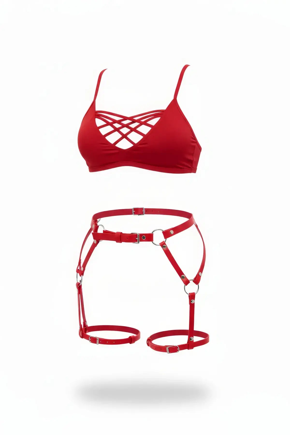 Plus-size red lattice-front bralette & thigh garter harness set in vegan leather by HarnessClub (2-piece)