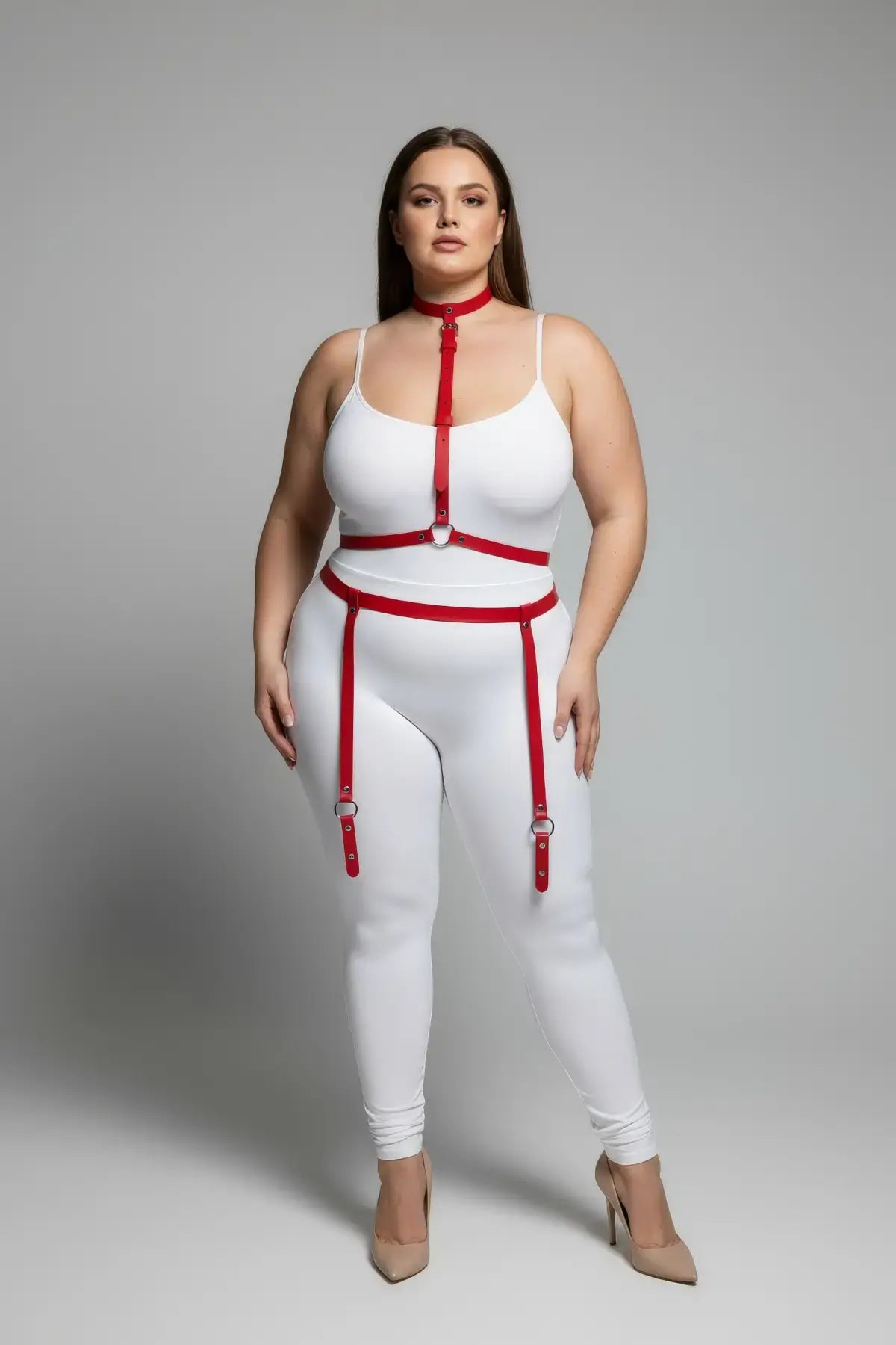 Plus Size Red Minimalist Garter Harness Set by HarnessClub; vegan leather body accessory with choker-to-thigh straps.