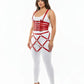 Plus-size red vegan-leather corset and cage-skirt harness by HarnessClub on a model wearing a white top