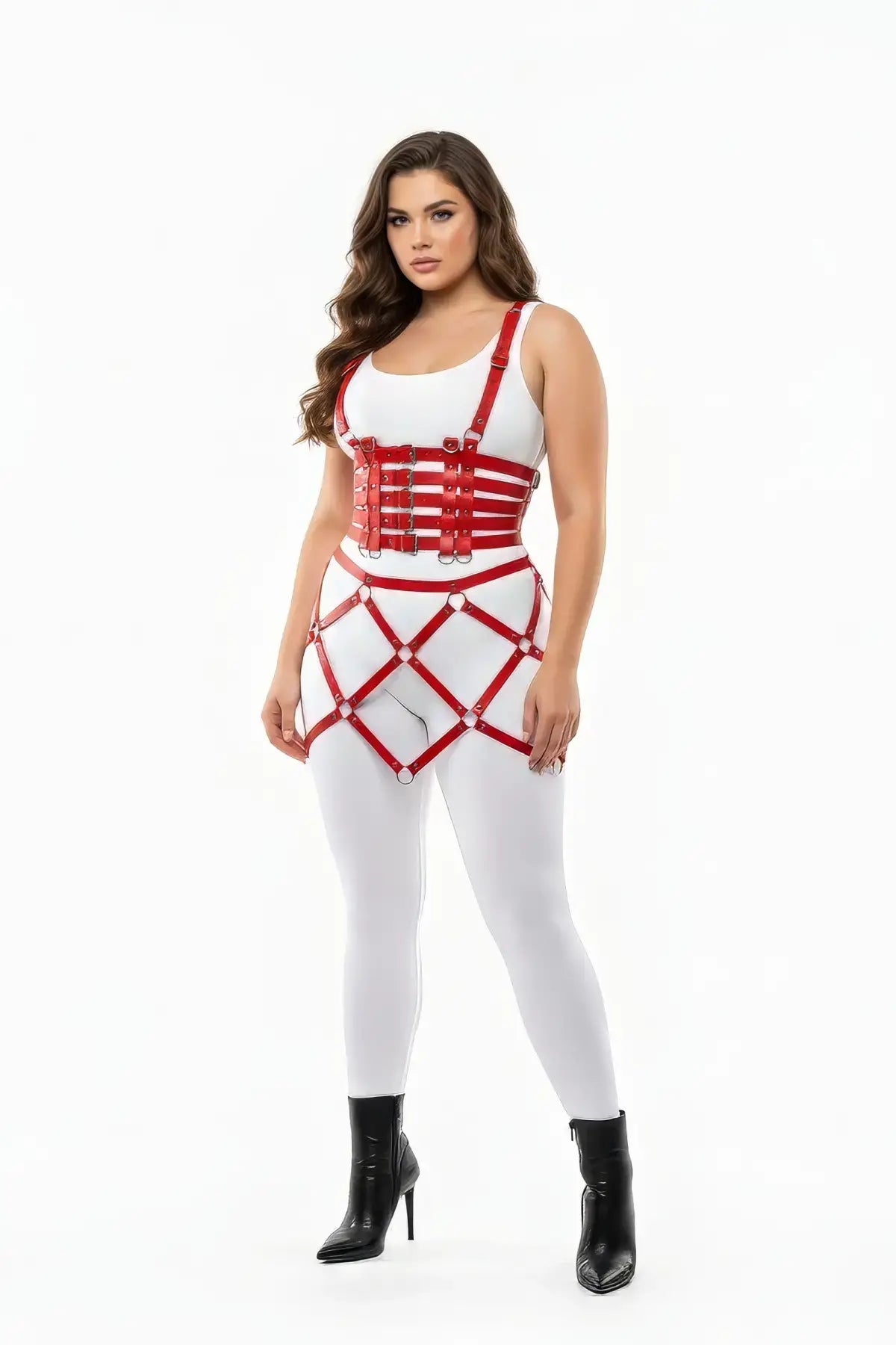 Plus-Size Red Multi-Band Corset & Cage Skirt Harness Set in vegan leather