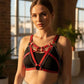 Plus-size red multi-band V-cross chest harness in vegan leather