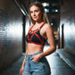 Plus-size red vegan leather chest harness with multi-band V-cross design by HarnessClub