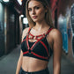 Plus-size red vegan leather chest harness with multi-band V-cross design and metal chain accents