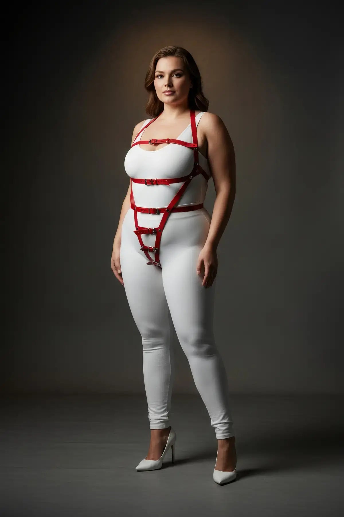 Plus Size Red Multi-Buckle Adjustable Body Harness in vegan leather with multiple buckles.