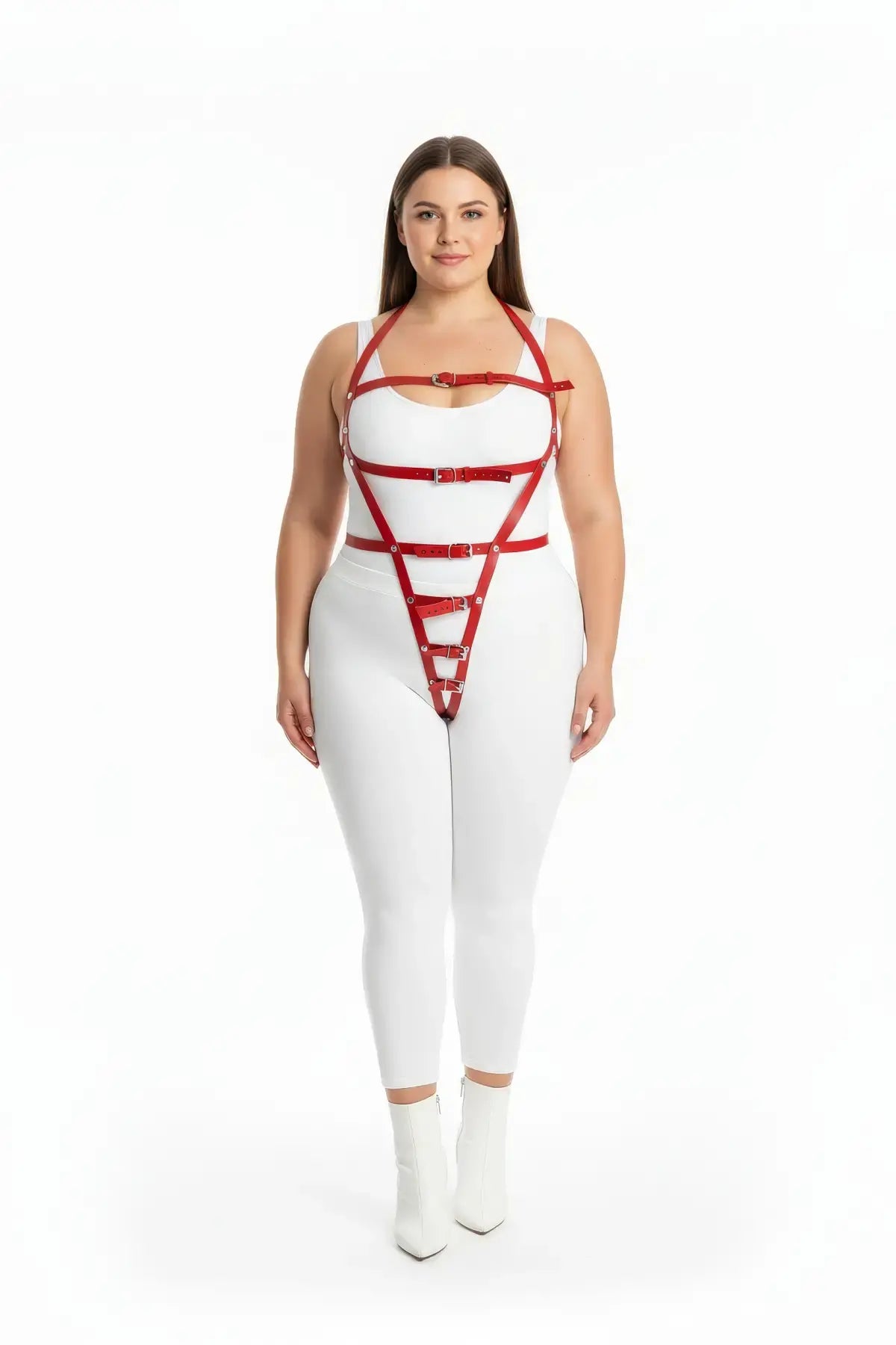 Plus-size red multi-buckle adjustable body harness in vegan leather by HarnessClub
