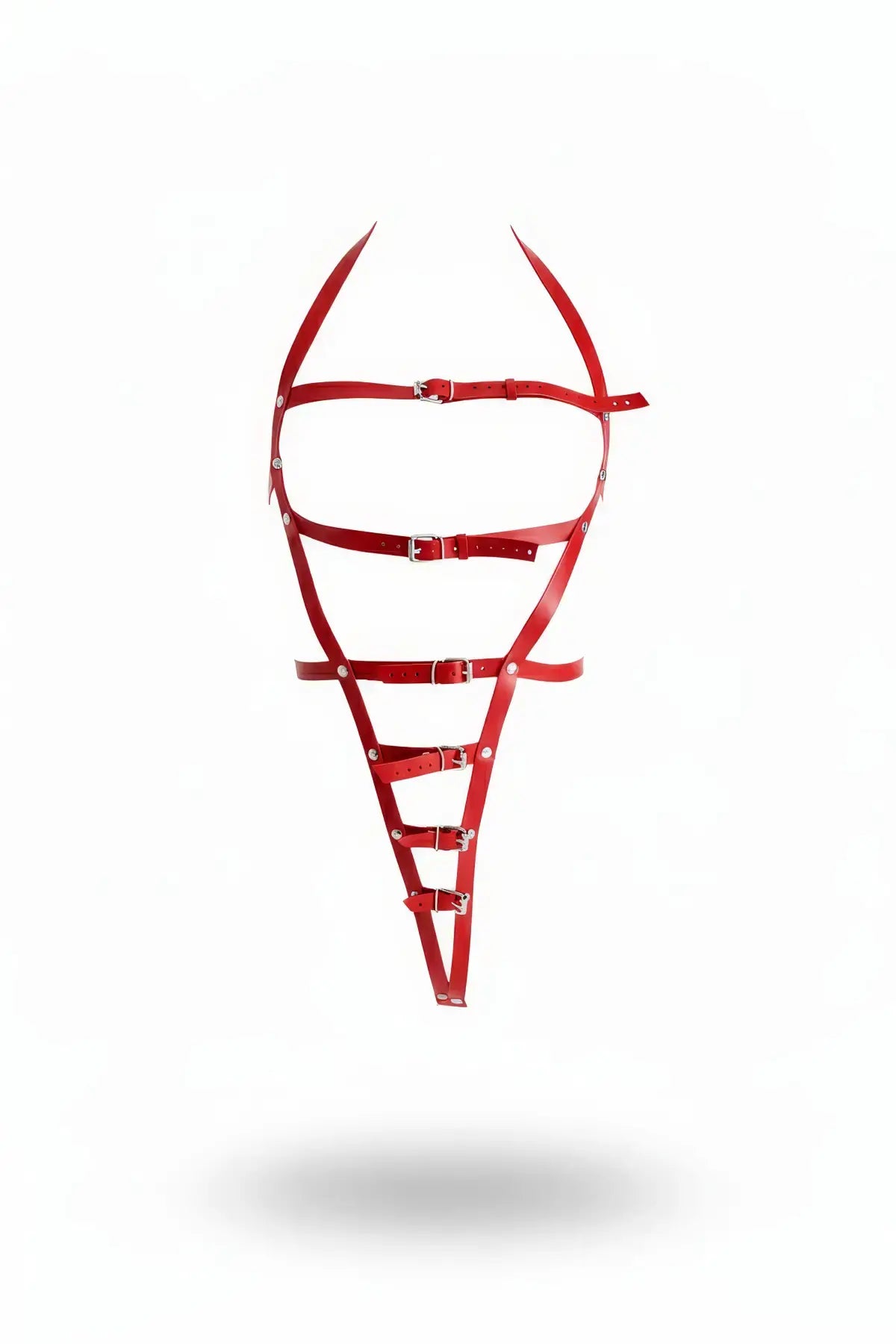 Plus Size Red Multi-Buckle Full Body Harness by HarnessClub, vegan leather with silver buckles