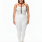Plus-size red multi-chain drape chest harness in vegan leather with silver chain drapes, HarnessClub.