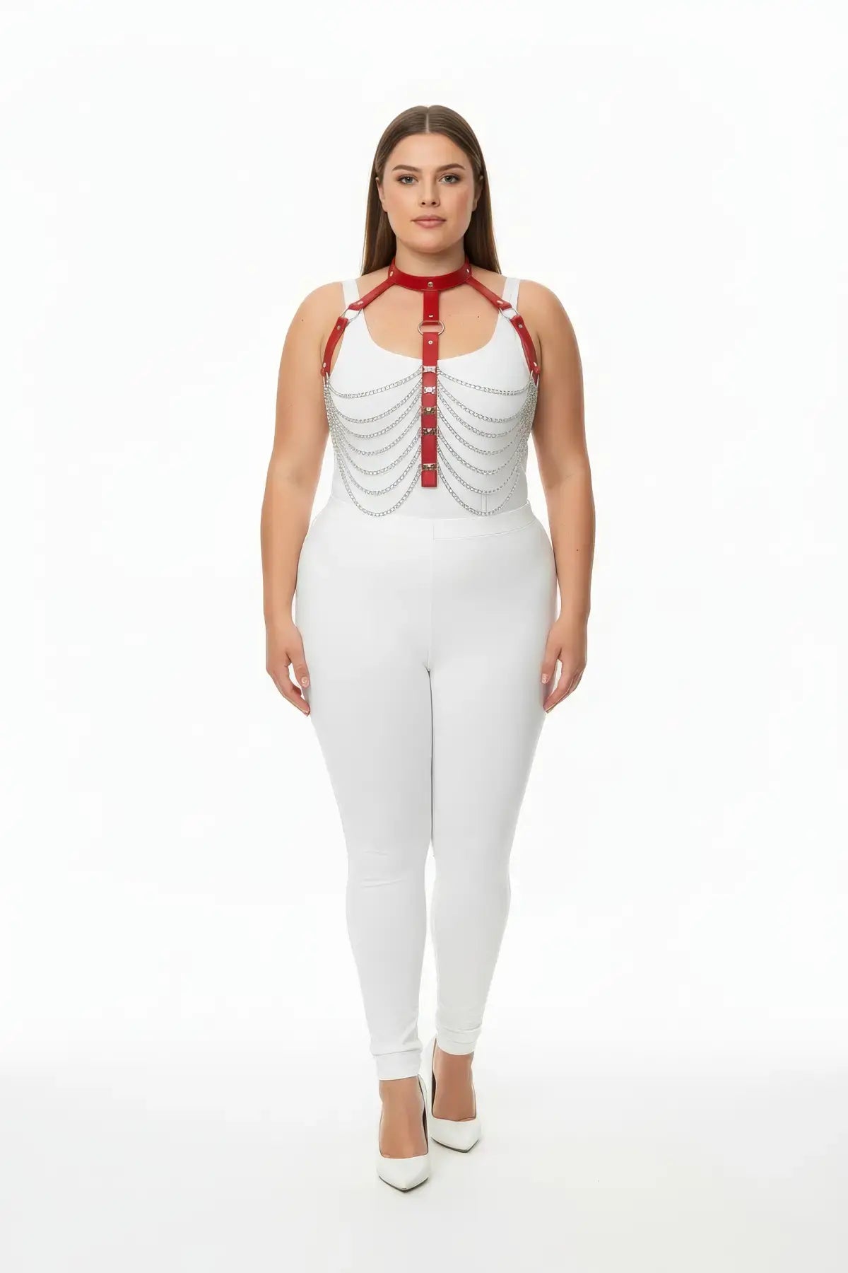 Plus-size red multi-chain drape chest harness in vegan leather with silver chain drapes, HarnessClub.