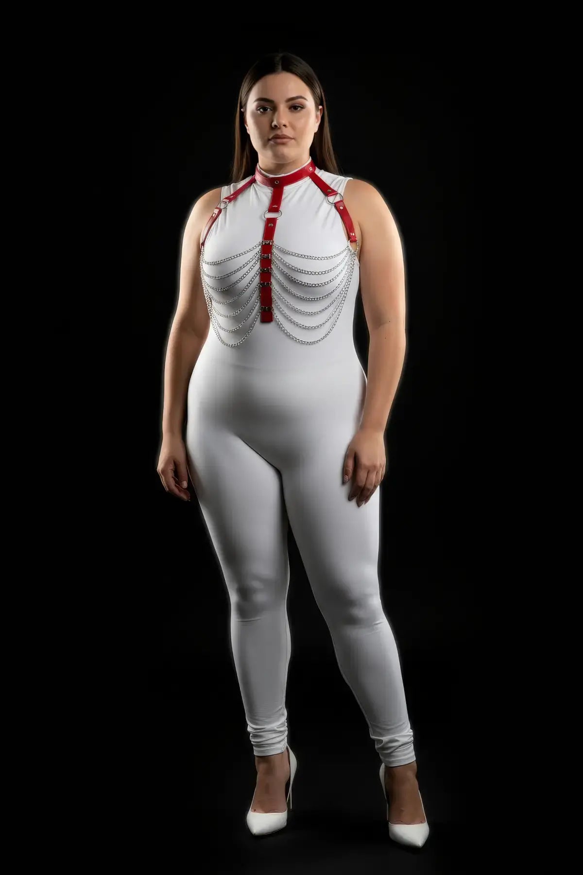 Plus Size Red Vegan Leather Chest Harness with silver multi-chain drapes by HarnessClub