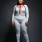 Plus Size Red Multi-Chain Drape Chest Harness with silver chains over white bodysuit; vegan leather by HarnessClub