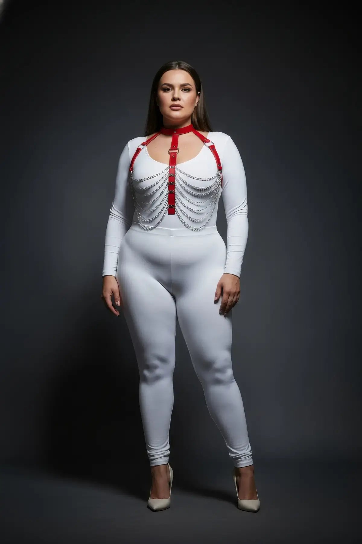 Plus Size Red Multi-Chain Drape Chest Harness with silver chains over white bodysuit; vegan leather by HarnessClub