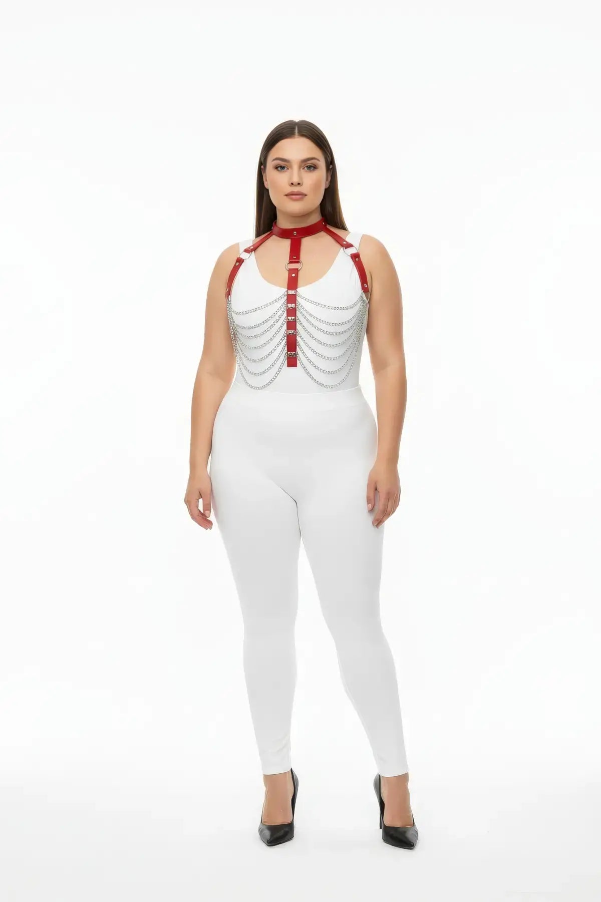 Plus Size Red Multi-Chain Drape Chest Harness by HarnessClub, vegan leather with silver chain drapes.