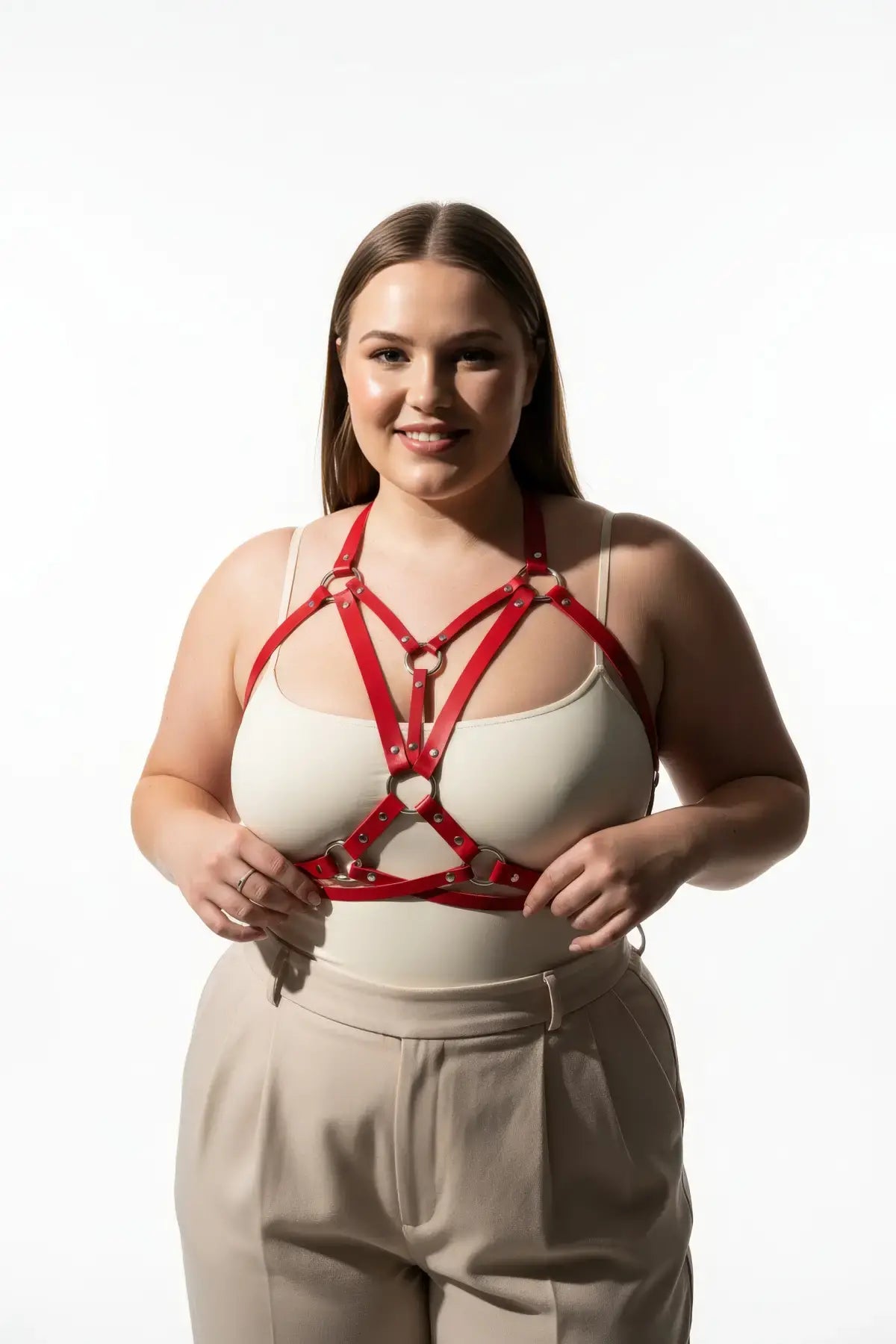 Plus Size Red Multi-O-Ring Cage Chest Harness in vegan leather with metal rings