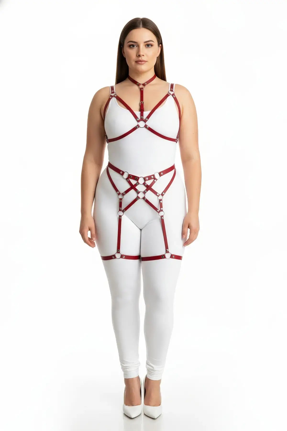 Plus Size Red Multi-Ring Garter Full Body Harness Set by HarnessClub, red vegan leather