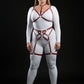 Plus Size Red Multi-Ring Garter Full Body Harness Set by HarnessClub; vegan leather straps over a white bodysuit.
