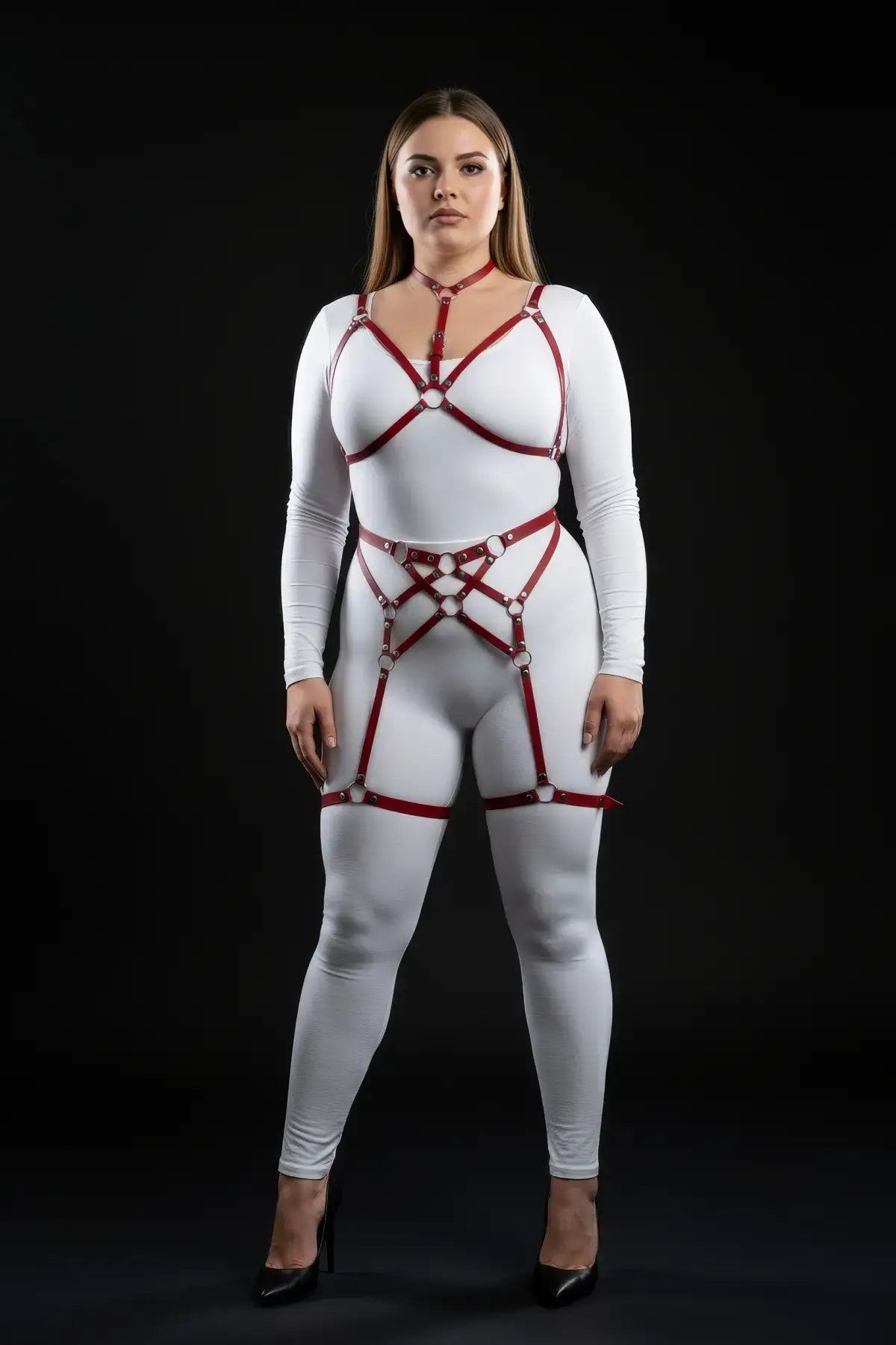 Plus Size Red Multi-Ring Garter Full Body Harness Set by HarnessClub; vegan leather straps over a white bodysuit.