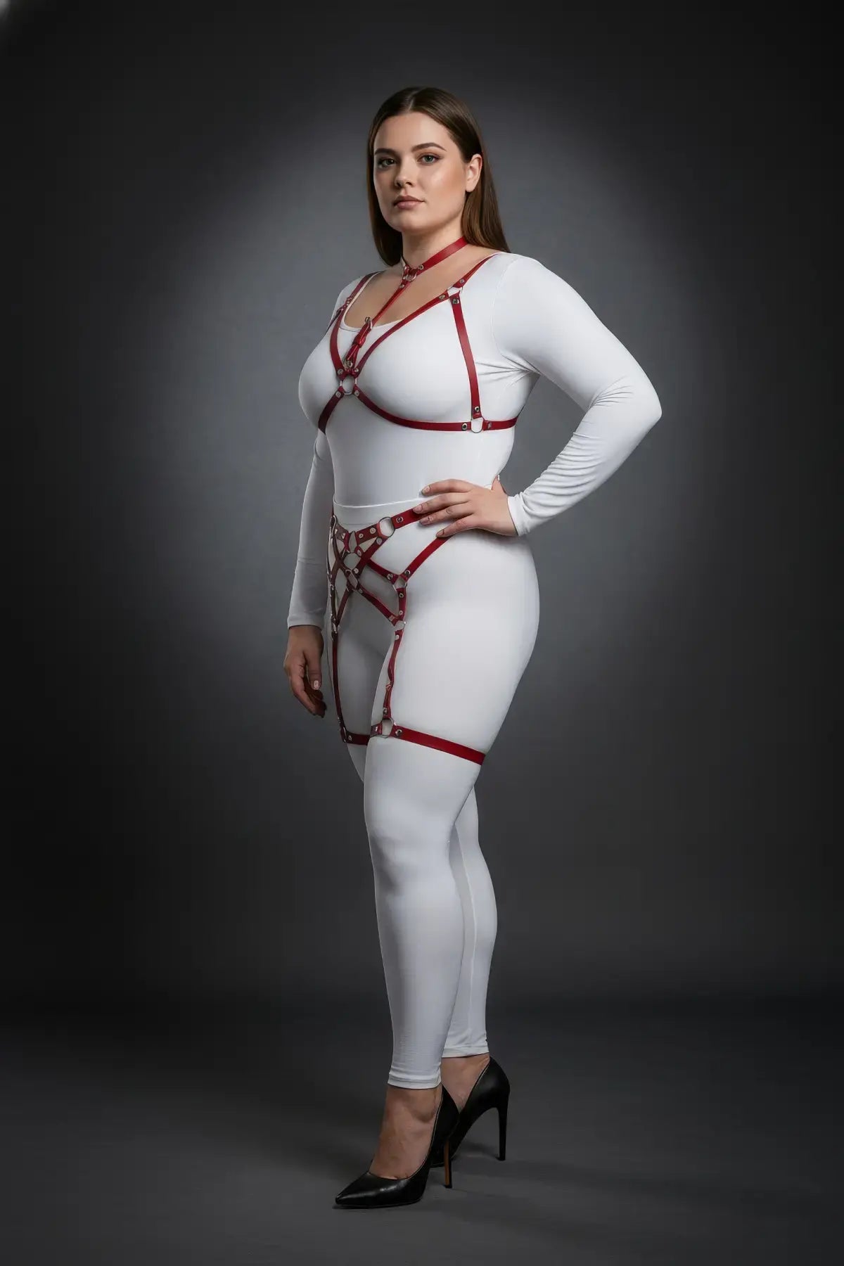 Plus-size red vegan-leather full-body garter harness set with multiple rings