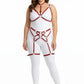 Plus-size red vegan-leather garter full-body harness set on white bodysuit, metal rings and straps