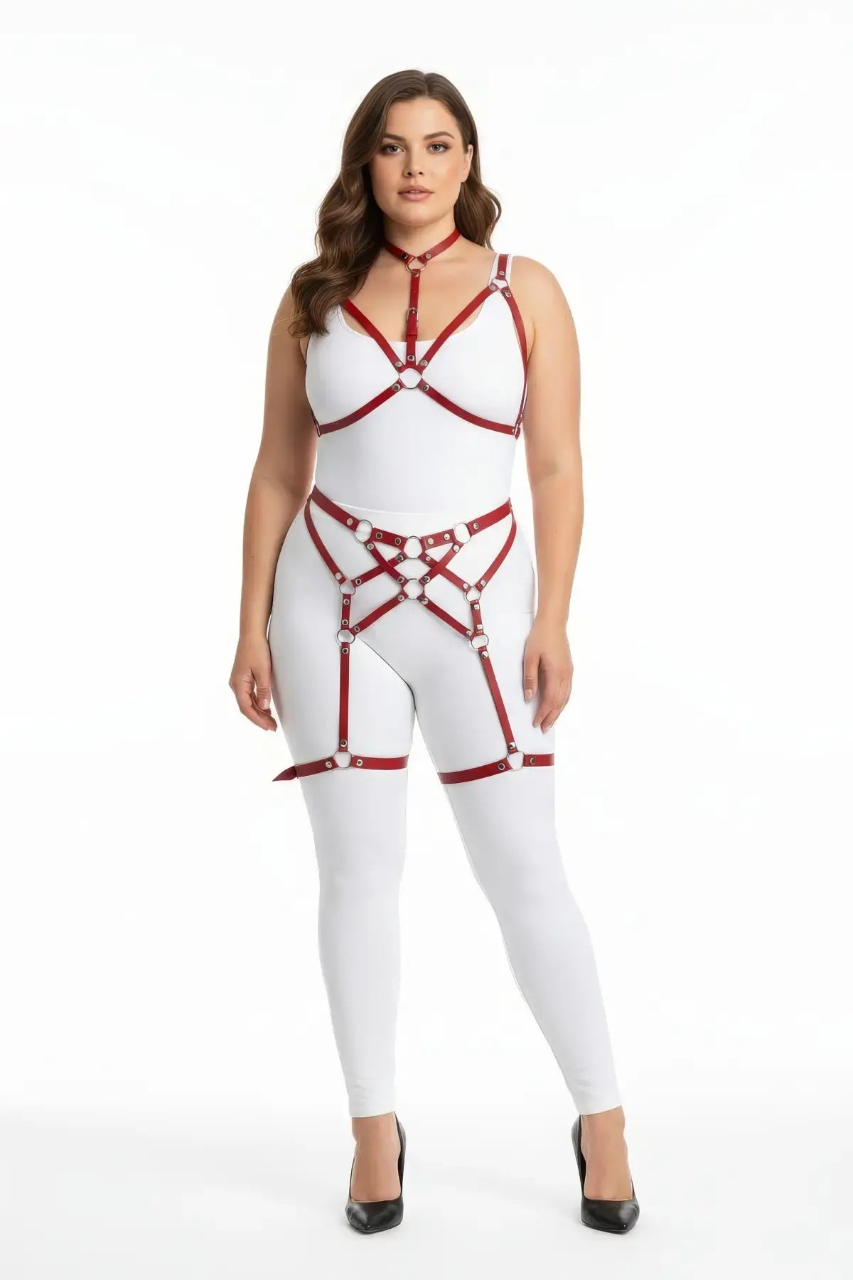 Plus-size red vegan-leather garter full-body harness set on white bodysuit, metal rings and straps