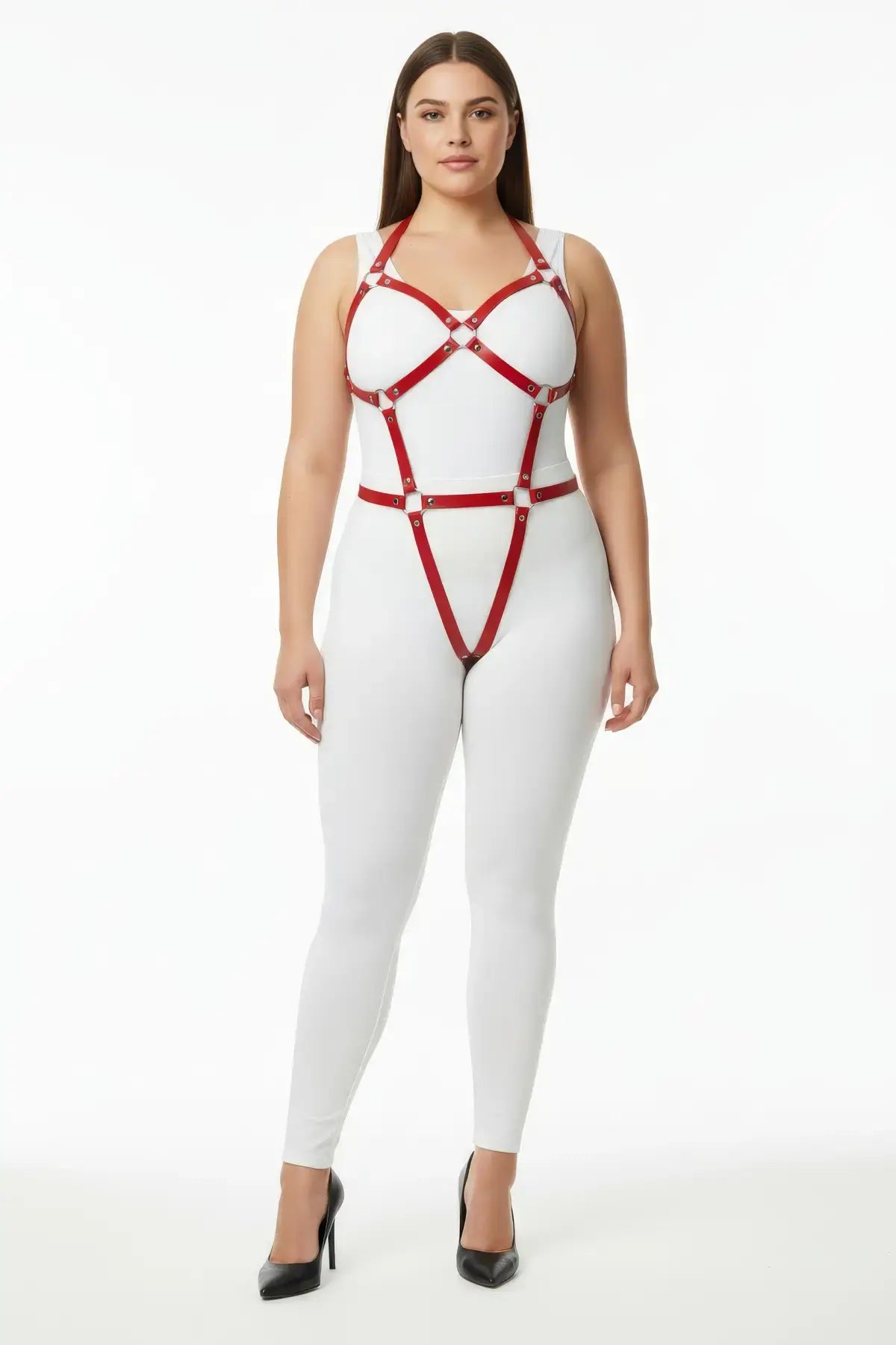Plus Size Red Multi-Strap Body Harness; vegan leather, geometric red straps on a white bodysuit worn by model.