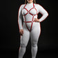 Plus Size Red Multi-Strap Body Harness by HarnessClub in vegan leather, worn over a white bodysuit.